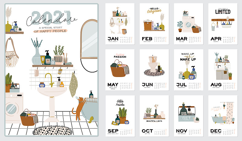 墙上的日历。2021年计划与所有月。良好的学校组织者和时间表。图片素材