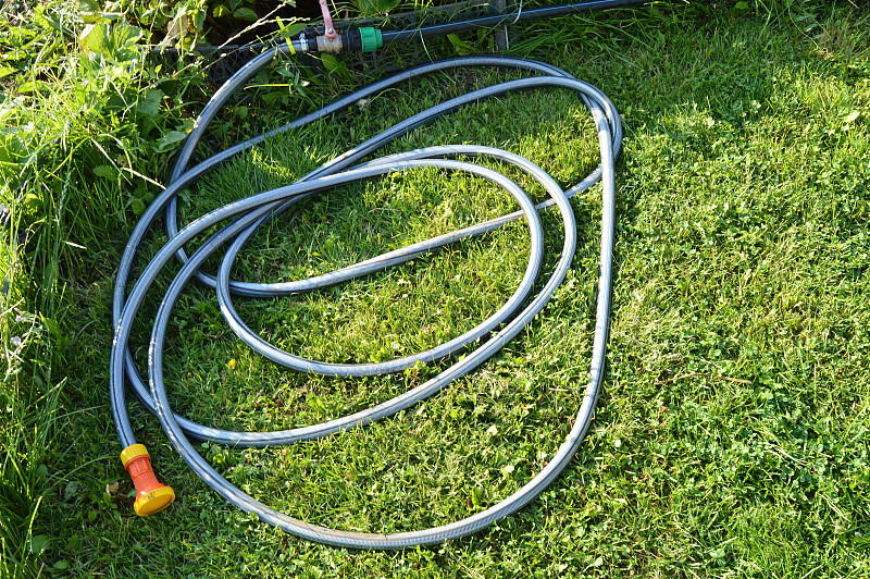草坪与绿色的草和橡胶软管为花园浇水。图片素材