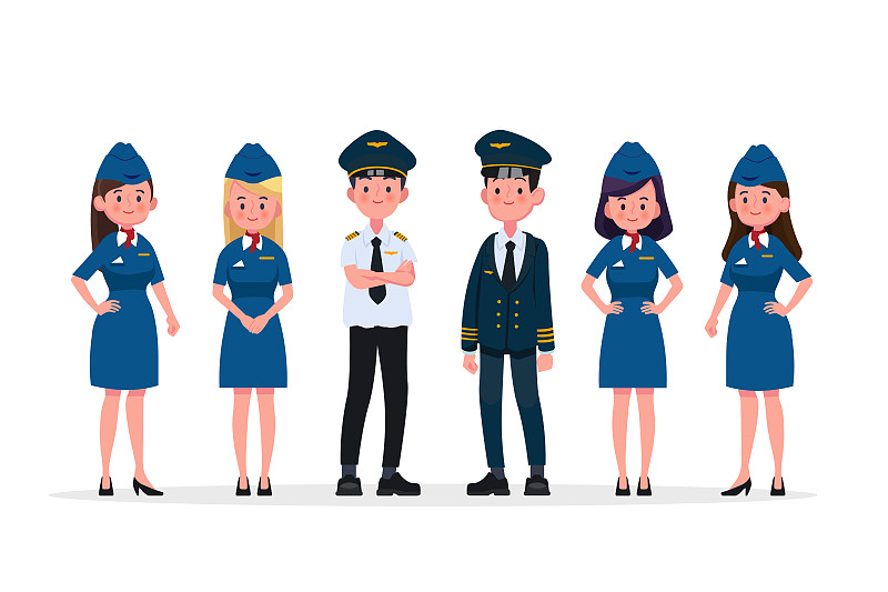 飞行员和空乘人员，空中小姐。平面设计人物角色。图片素材