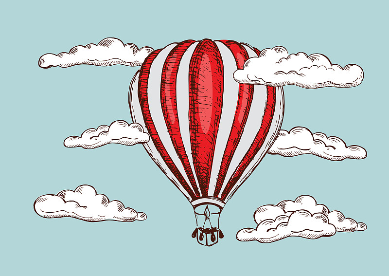 热气球复古风格。手绘插图。向量图片下载
