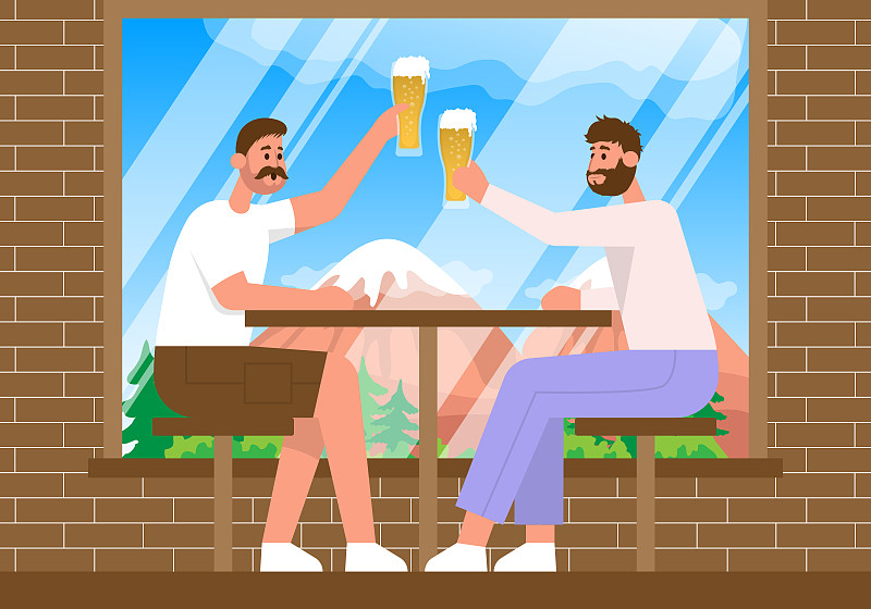 两个朋友在酒吧里碰杯喝啤酒。平面卡通矢量彩色图标。图片素材