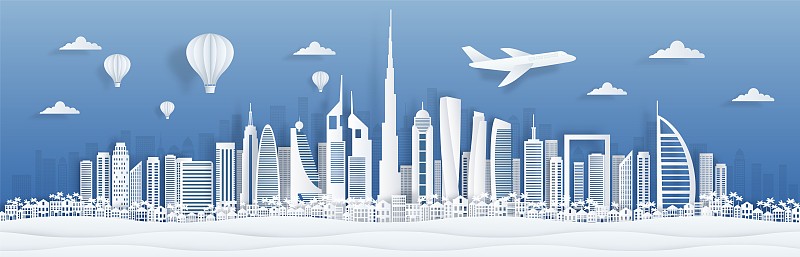 迪拜剪纸。阿联酋天际线城市全景与著名的地标明信片和海报。向量迪拜城市图片素材