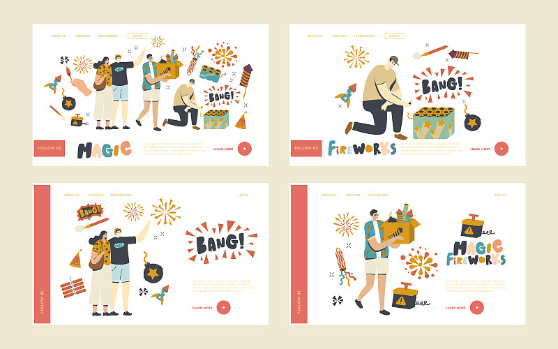 Characters Enjoying Fireworks Landing Page Template Set. Christmas or New Year Celebration, Man Carry Box with Petards图片下载