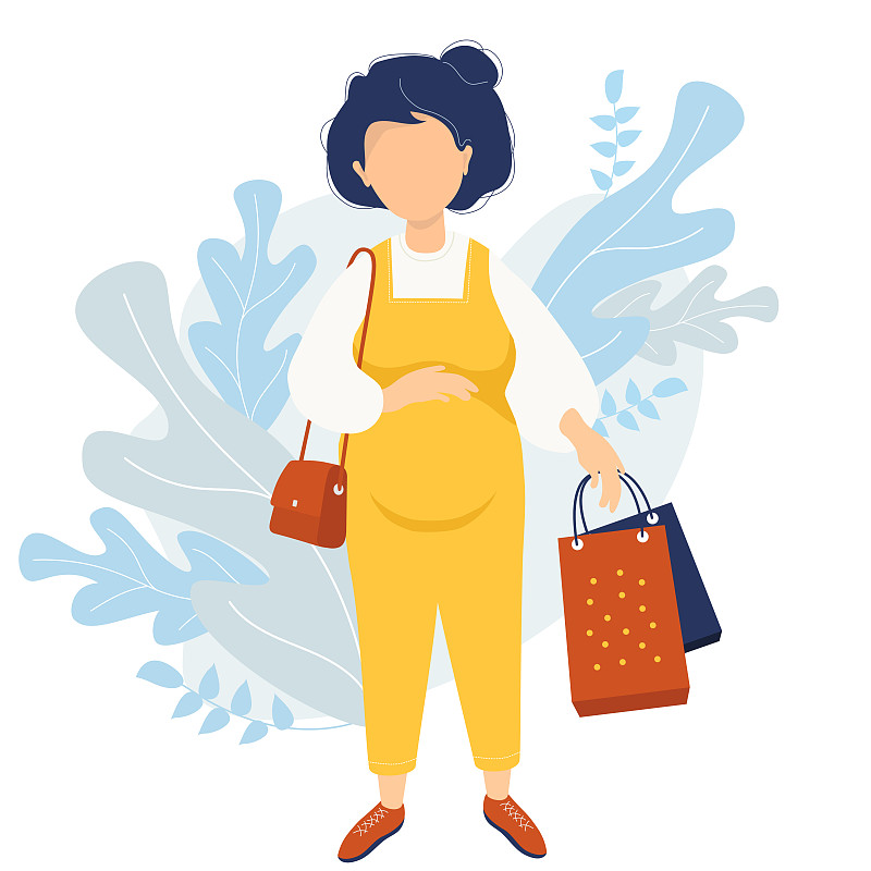 孕妇和购物。身着黄色连体衣的快乐孕妇温柔地一只手抱着自己的肚子，另一只手拿着从商店买的袋子。矢量图素材