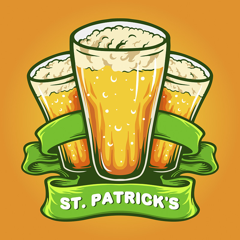 圣帕特里克三杯啤酒与丝带插图为您的工作标志，吉祥物商品t恤，贴纸和标签设计，海报，贺卡广告公司或品牌。图片素材