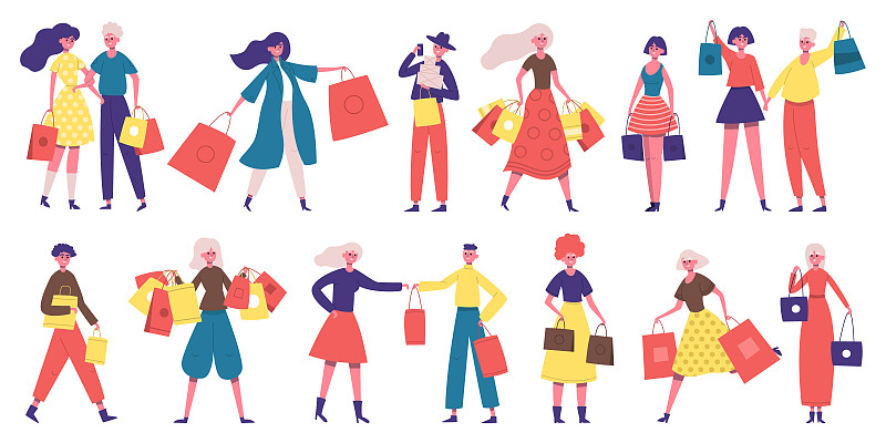 购物的人。购物狂男女角色，人们买衣服，食物或礼物。人与购物袋矢量插图设置图片下载