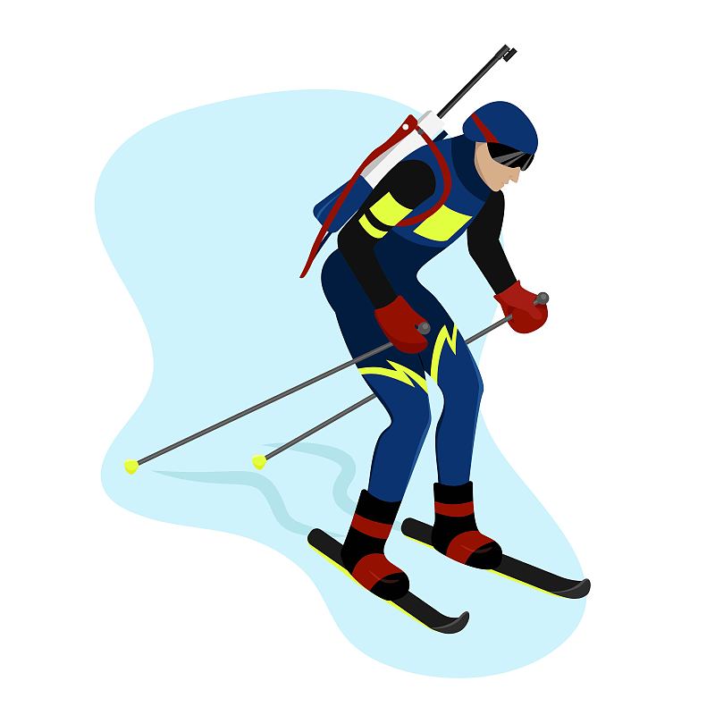 滑雪运动员在齿轮去滑雪和帮助自己的棍子，冬季运动，矢量字符在平坦的风格。图片素材