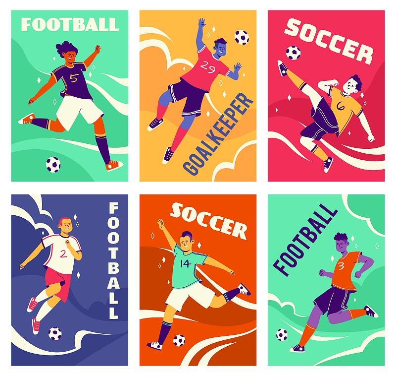 足球运动员卡。足球运动员在不同的动态姿势，领先和击球，运动员在比赛过程和文本，团队运动游戏。明亮的色彩海报，矢量卡通集图片下载