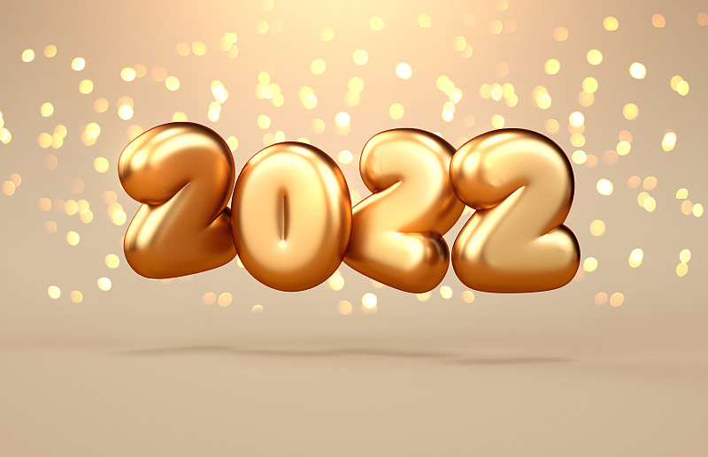 2022年新年贺卡背景与金色金属数字和灯光。假日插图海报或传单设计概念在现实的3D渲染图片下载