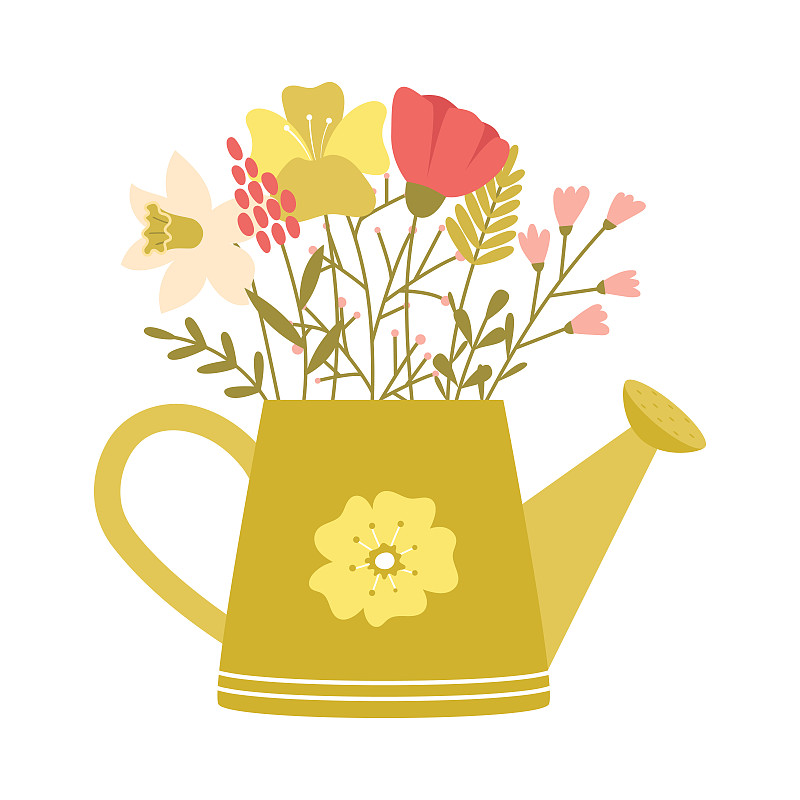 浇水罐上有简单的春天花，小树枝，香草。可爱的装饰元素在卡通风格的复活节和春天贺卡。在白色背景上隔离的颜色矢量插图。图片下载