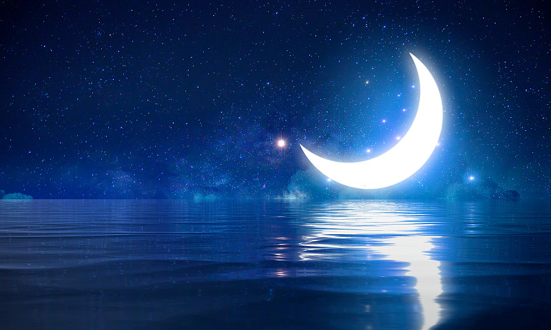 ramadan kareem斋月卡里姆月亮在夜晚的星星在海上图片下载