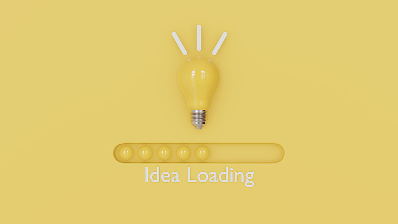 黄色背景和灯泡与下载栏加载想法业务概念和进展的3d渲染。图片下载