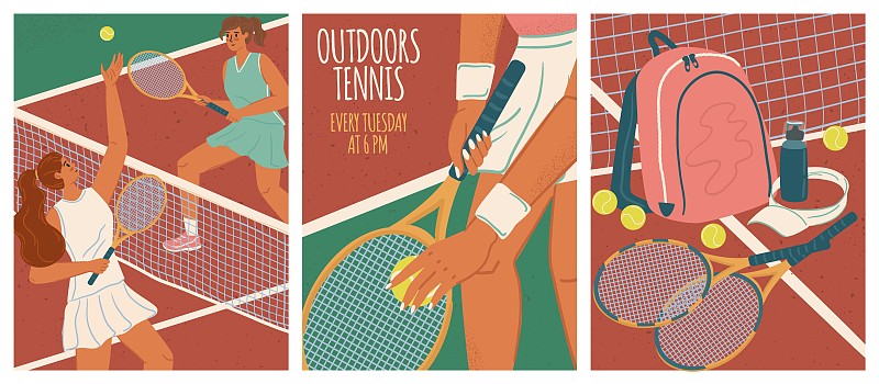 两名女子在球场上打网球。体育游戏矢量海报设置。网球，网子和球拍。体育竞赛与训练图片下载