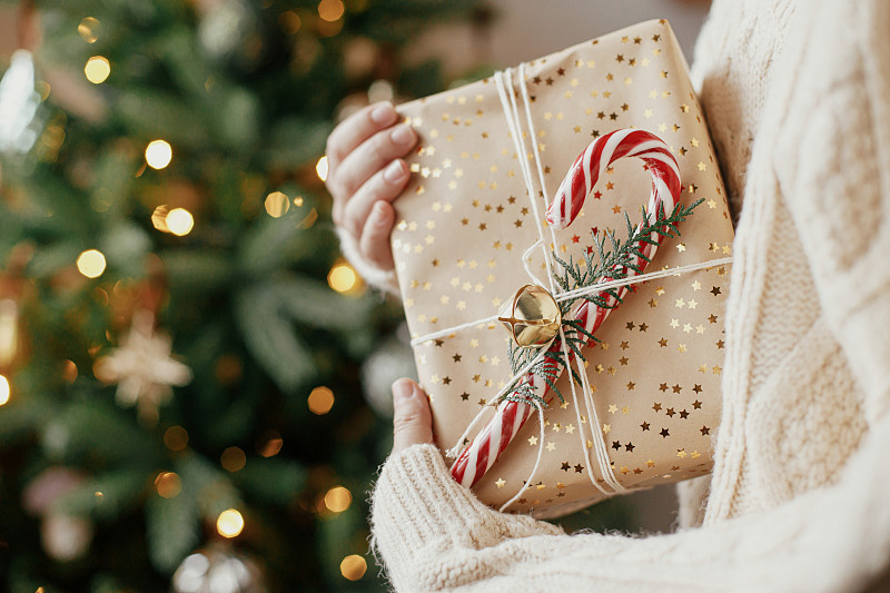 圣诞快乐!手拿时髦的圣诞礼物，配上带灯的圣诞树。在节日房间里，穿着舒适毛衣的女人拿着包装好的礼物和拐杖糖。节日横幅，文字空间图片下载