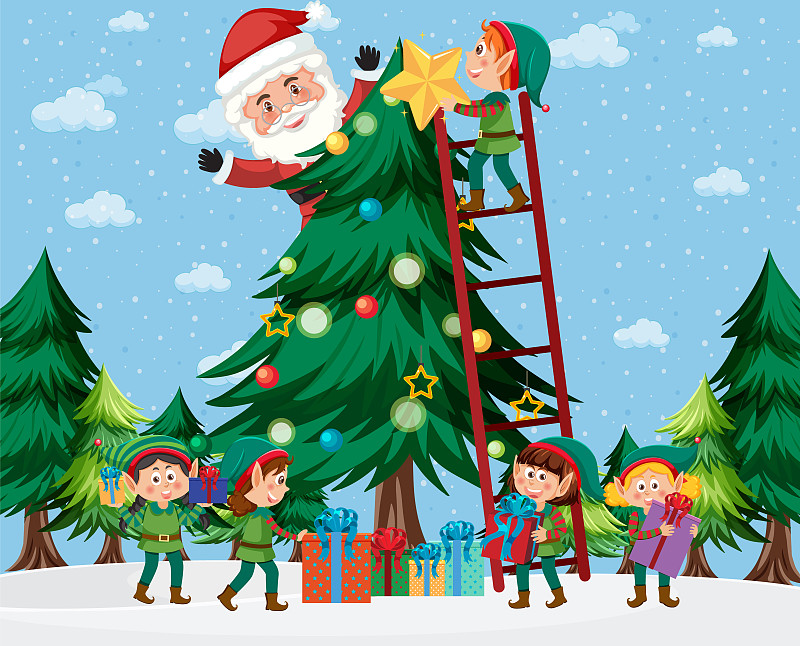 孩子们穿着精灵服装和圣诞老人装饰圣诞树图片下载