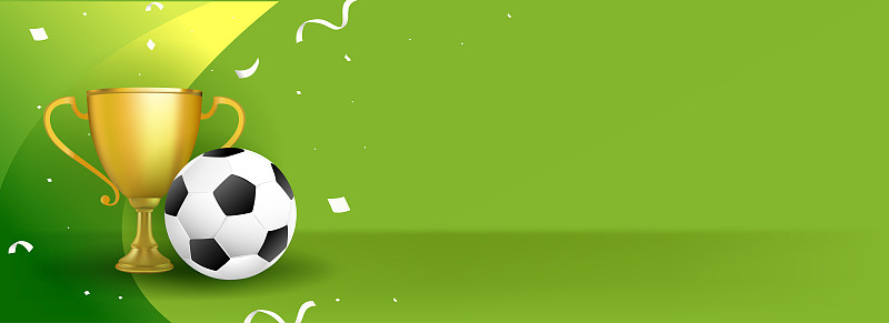 足球横幅模板矢量插图。金色奖杯杯与足球在绿色的背景图片下载