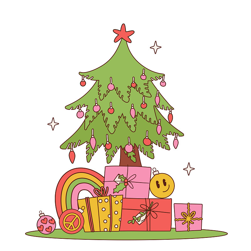 绝妙的嬉皮圣诞树，礼物堆在时髦的70年代复古卡通风格。绝妙的圣诞快乐，新年快乐贺卡，海报，印刷品，嬉皮派对邀请函。矢量等高线图图片下载