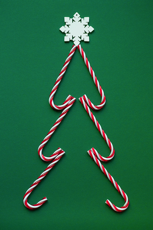 绿色背景的圣诞树形状的拐杖糖。圣诞节的概念。图片下载