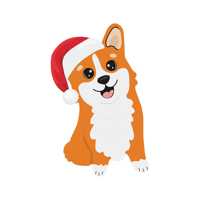 戴着圣诞老人帽子的柯基。柯基犬矢量卡通插画。可爱友好的威尔士柯基小狗，孤立的白色背景。下载