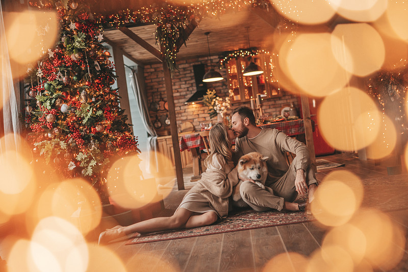 坦诚真实的幸福夫妇在圣诞节小屋与日本狗共度时光图片下载