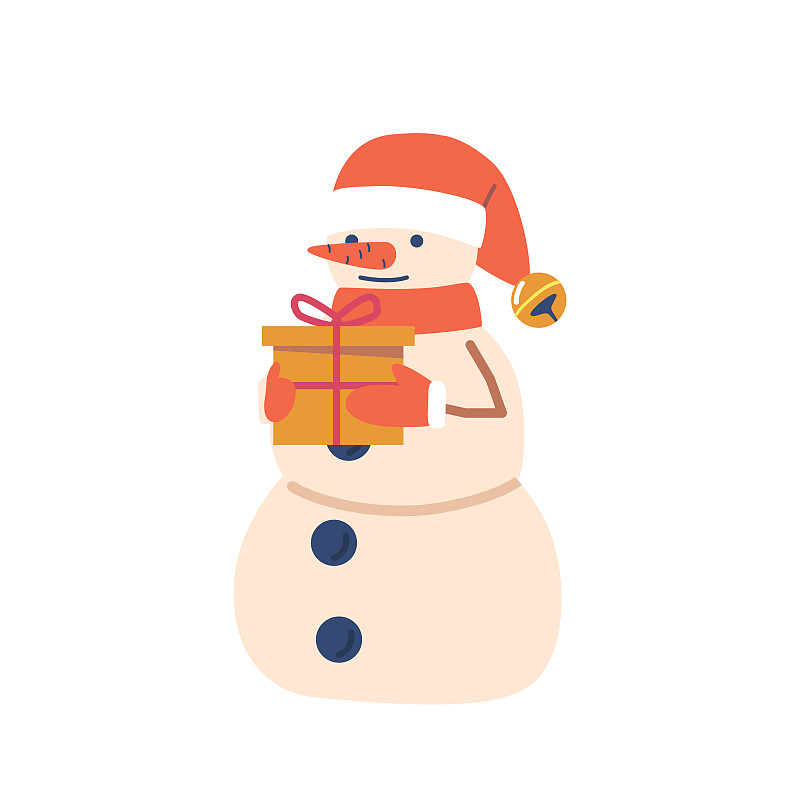 雪人戴着圣诞帽和手套拿着礼盒。圣诞人物，有趣的冬季人物与节日礼物图片下载