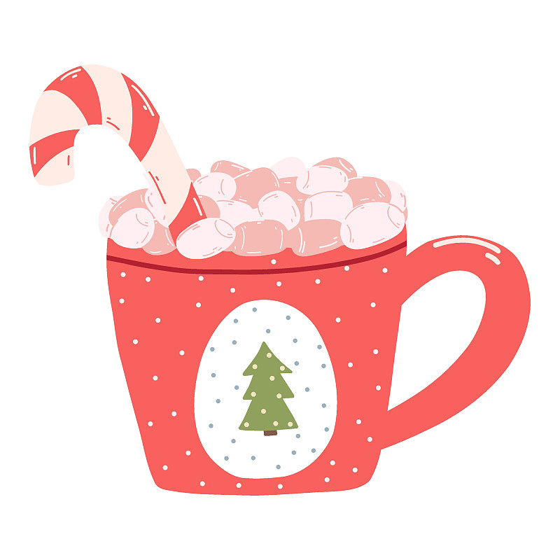 可爱的马克杯，卡通风格的棉花糖和拐杖糖。手绘矢量插画的红色杯子与圣诞树，热饮下载