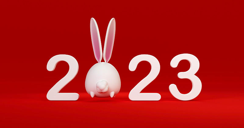 3d白色兔子角色。红色背景的兔子为网络横幅，中国新年2023年。图片下载