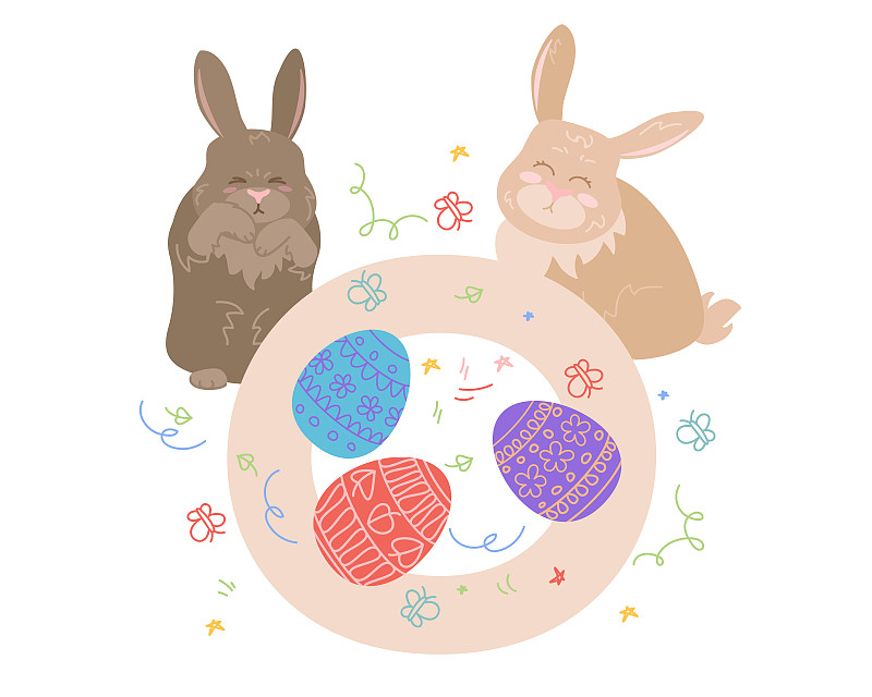 可爱的卡通兔子和复活节彩蛋卡通插画下载