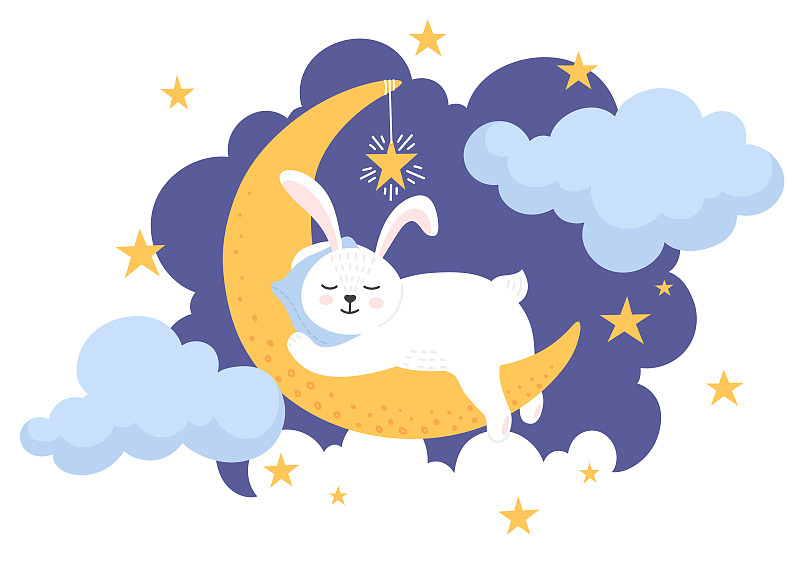 床上的时间。可爱的兔子在月亮上睡觉。图片下载