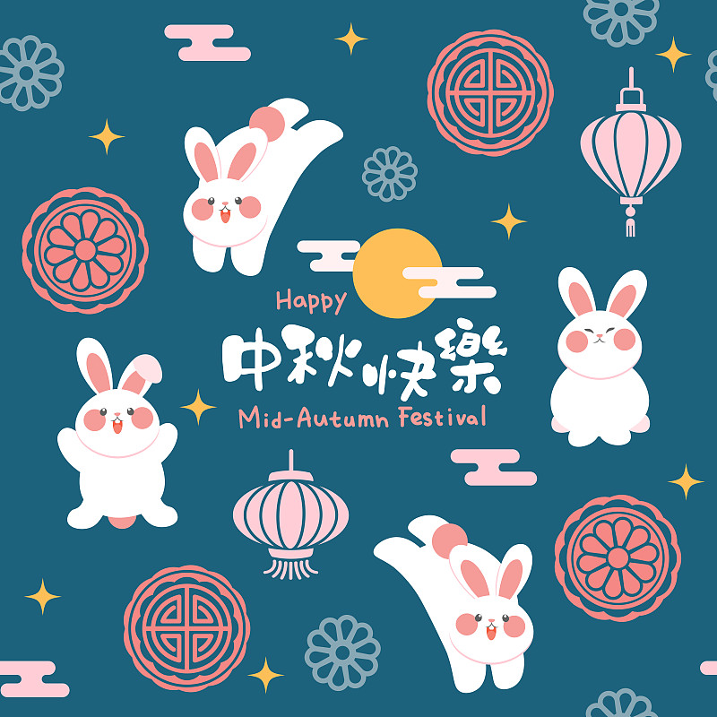 中秋图案有兔子、灯笼、月饼和汉字。模板横幅或贺卡。中文翻译:中秋节。图片下载