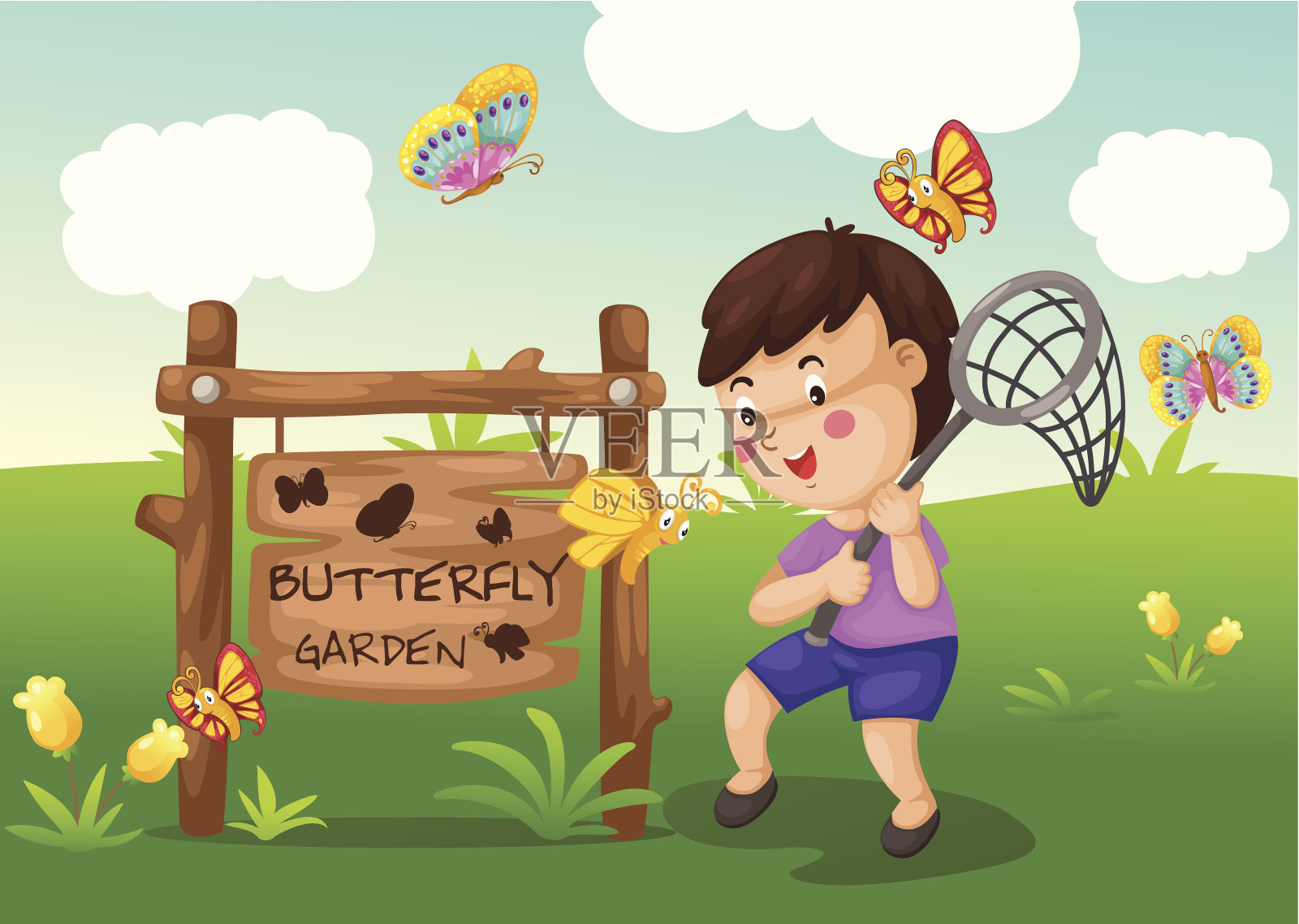 蝴蝶花园插画图片素材