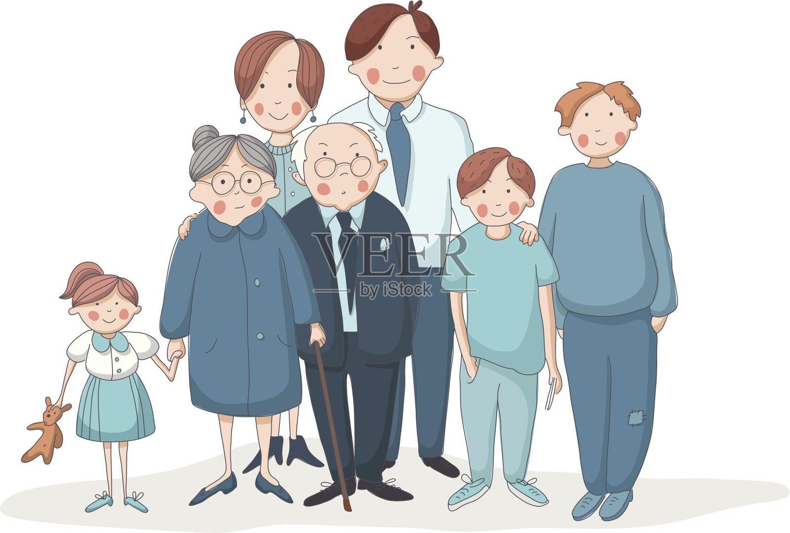 有祖父母、父母和孩子的大家庭插画图片素材