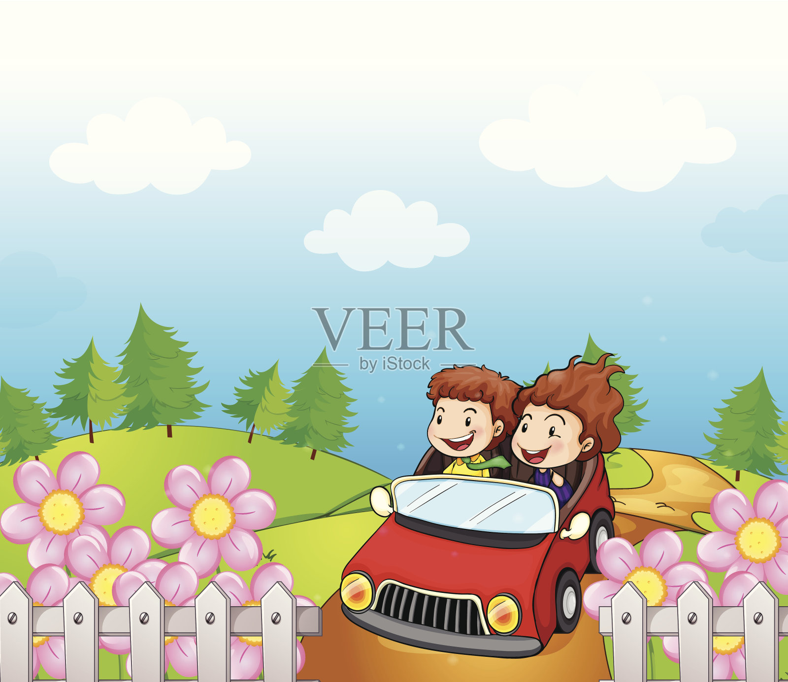 一辆红色的车，车上有一个小女孩和一个小男孩插画图片素材