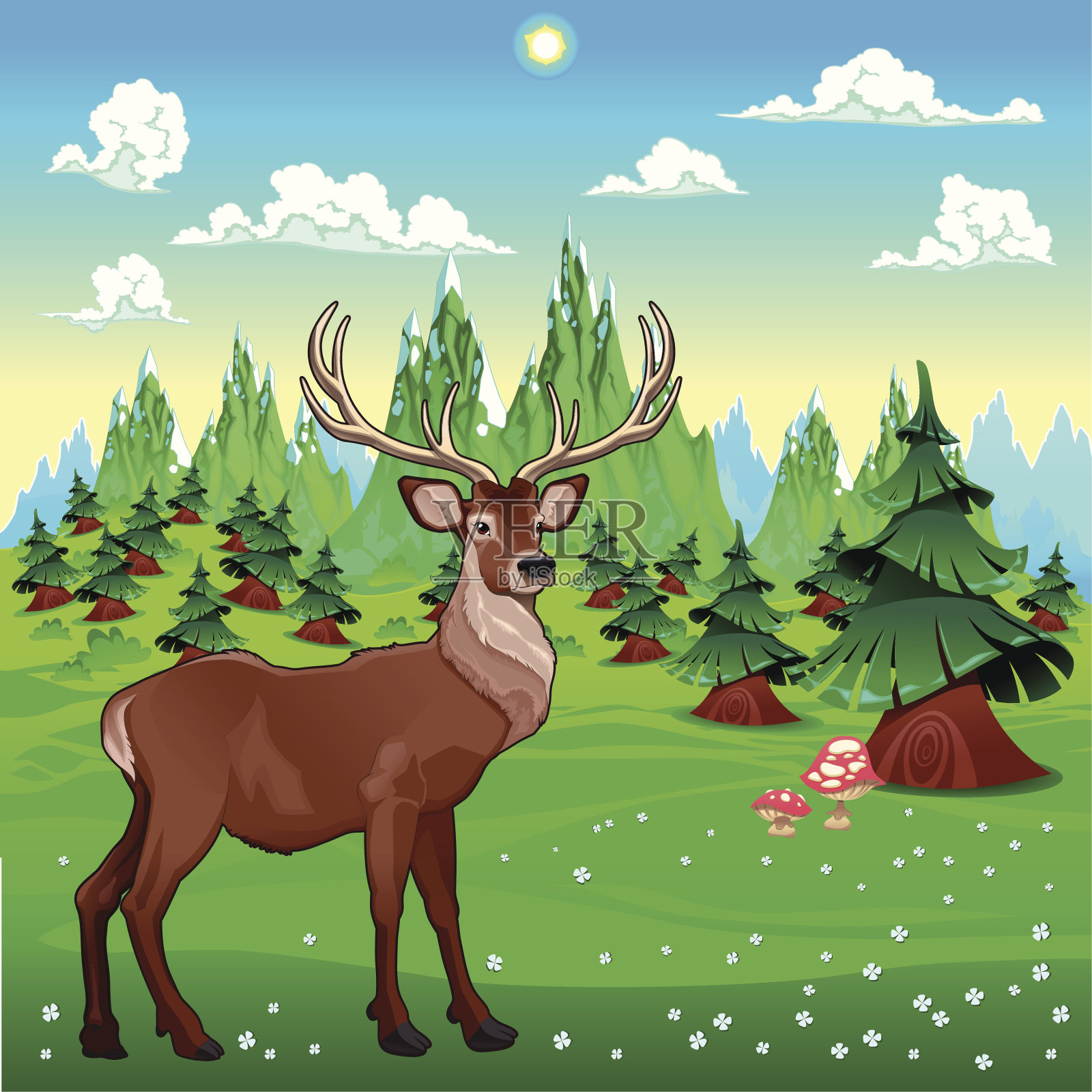 山景中的鹿。插画图片素材
