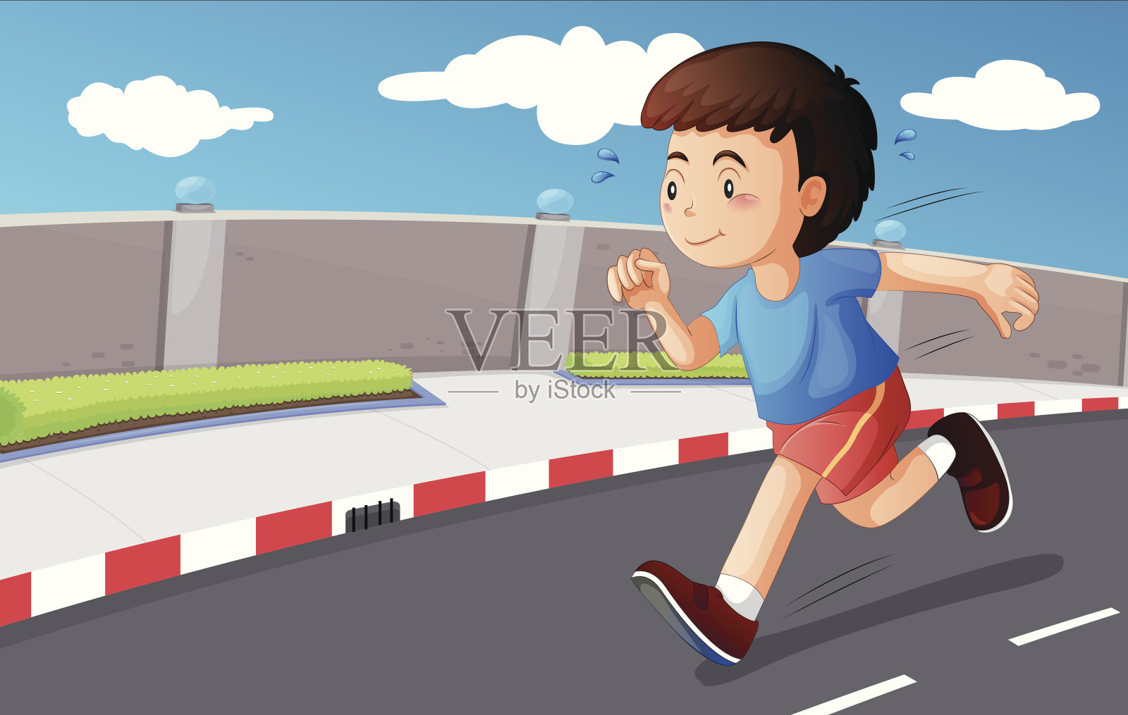 小男孩在街上奔跑插画图片素材