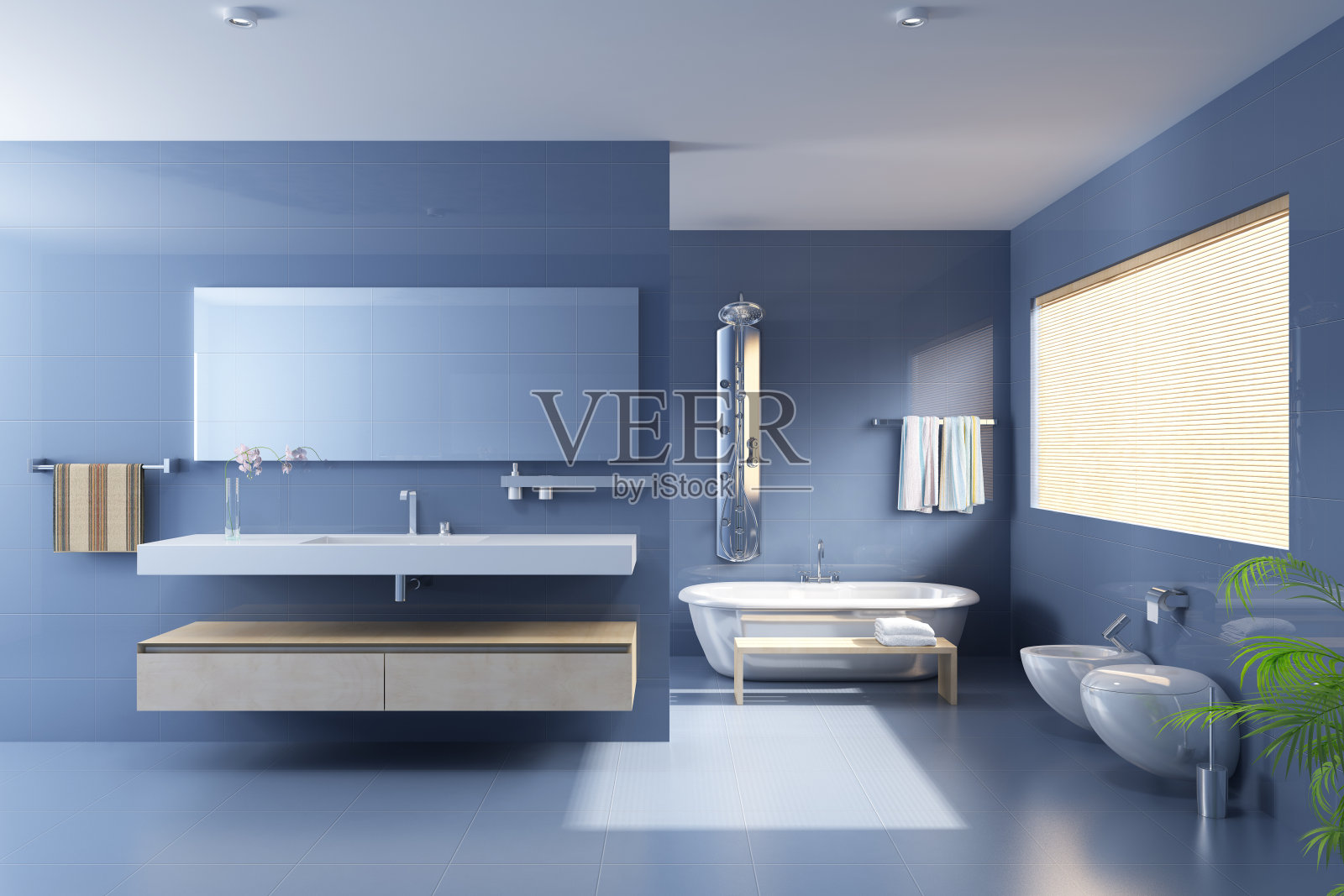 蓝色浴室与现代升级照片摄影图片