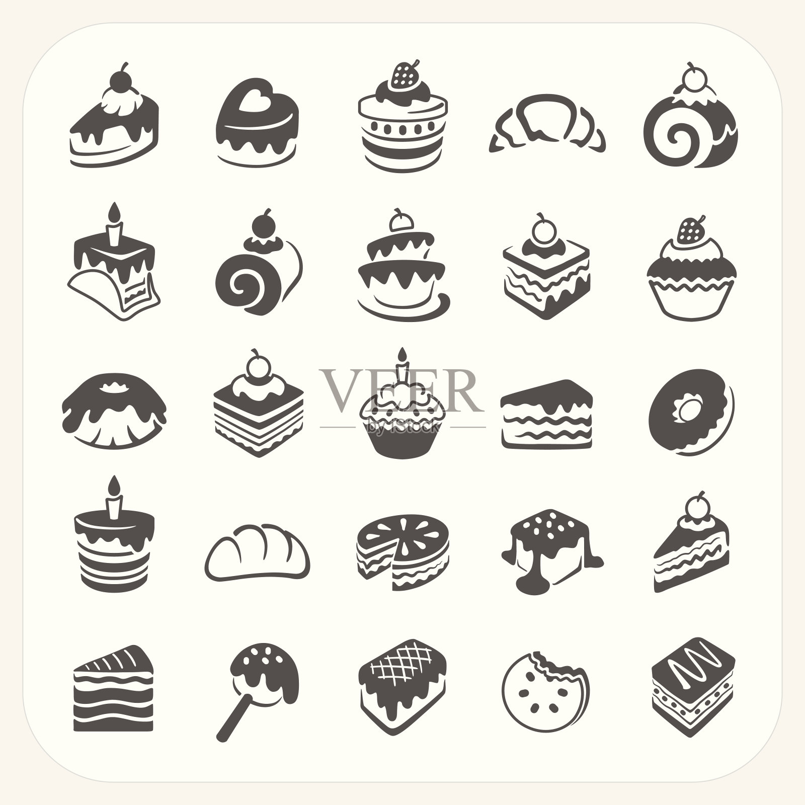 一组黑色图标的蛋糕和甜点图标素材