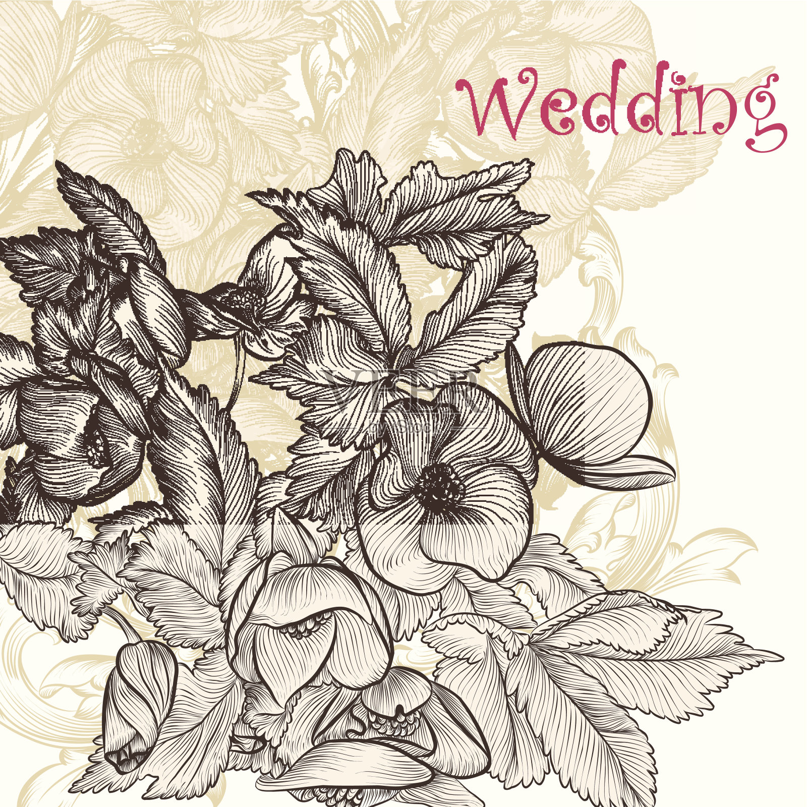 优雅的婚礼背景与手绘鲜花设计模板素材