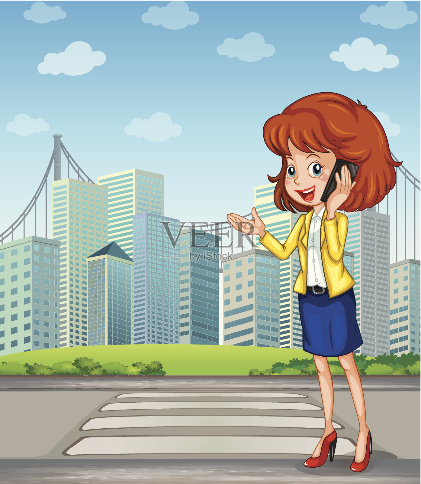 一个拿着手机的女人站在人行道上插画图片素材