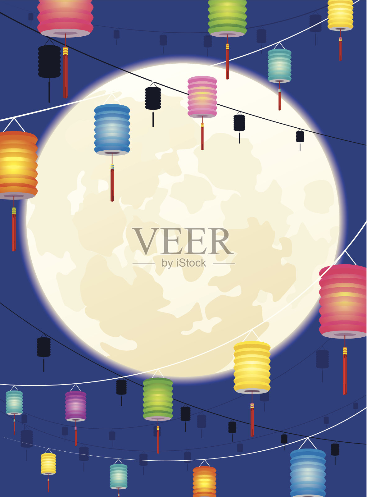 满月和悬挂中国灯笼的背景设计插画图片素材
