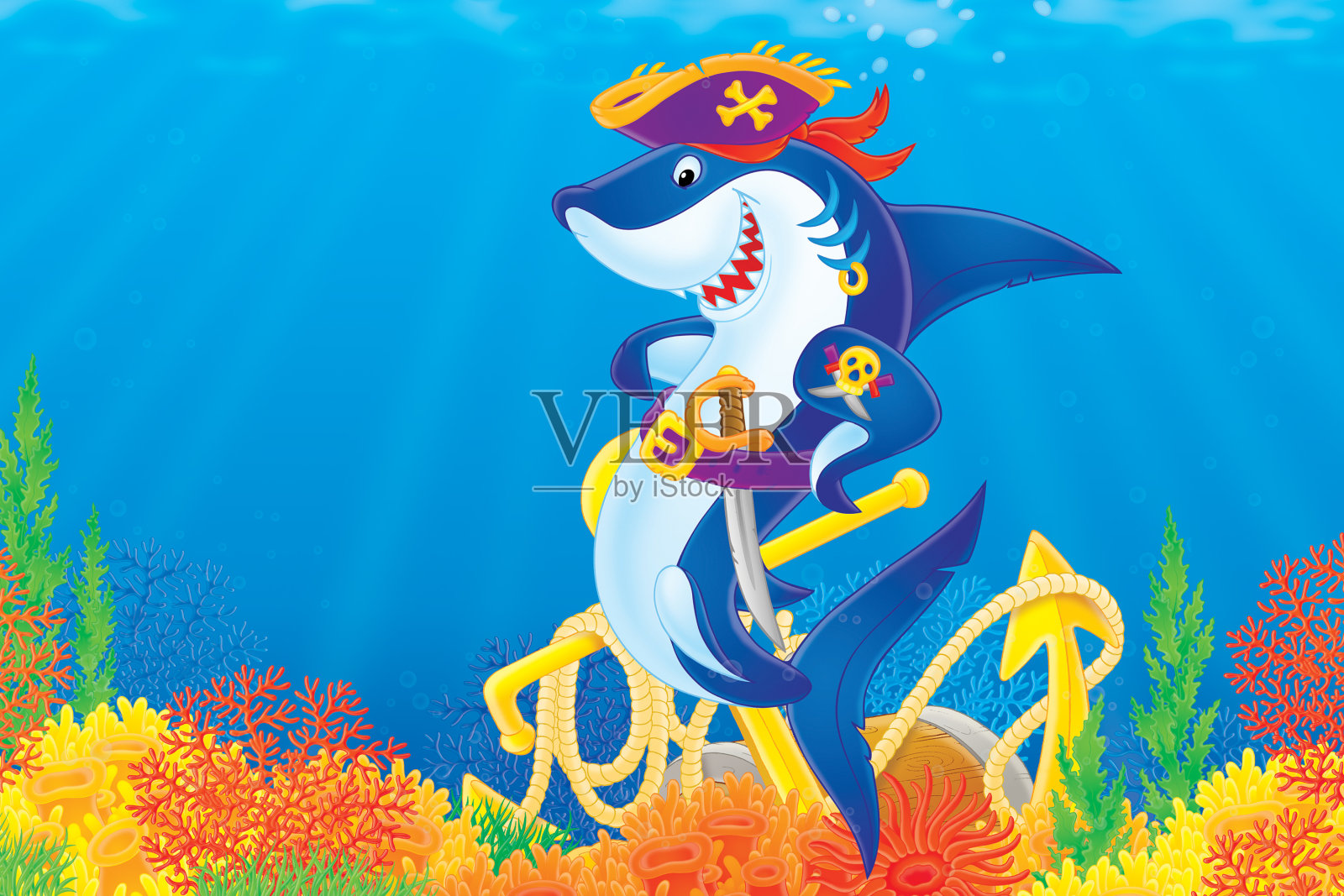 鲨鱼的海盗插画图片素材