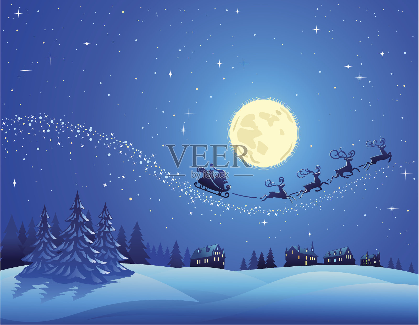 圣诞老人的雪橇进入圣诞的天空插画图片素材