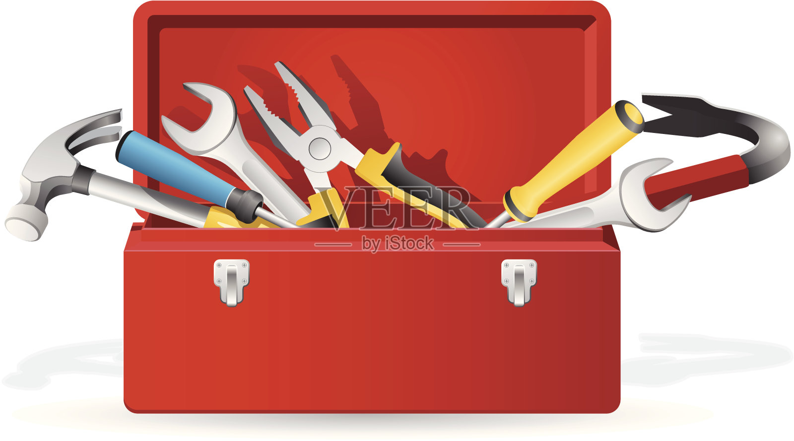 打开里面有工具的红色工具箱插画图片素材