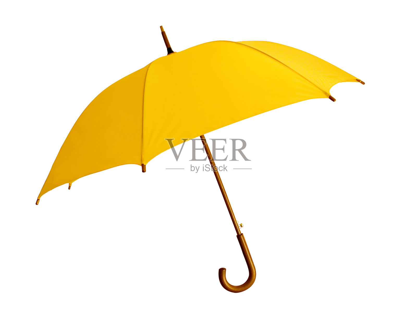 打开了白色背景上的棕色手柄的黄色雨伞照片摄影图片
