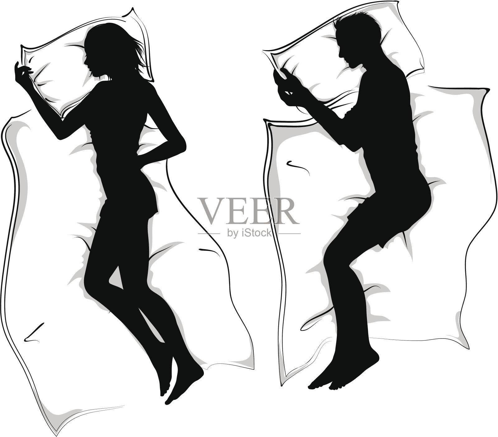 躺在床上睡觉的女人和男人的剪影插画图片素材