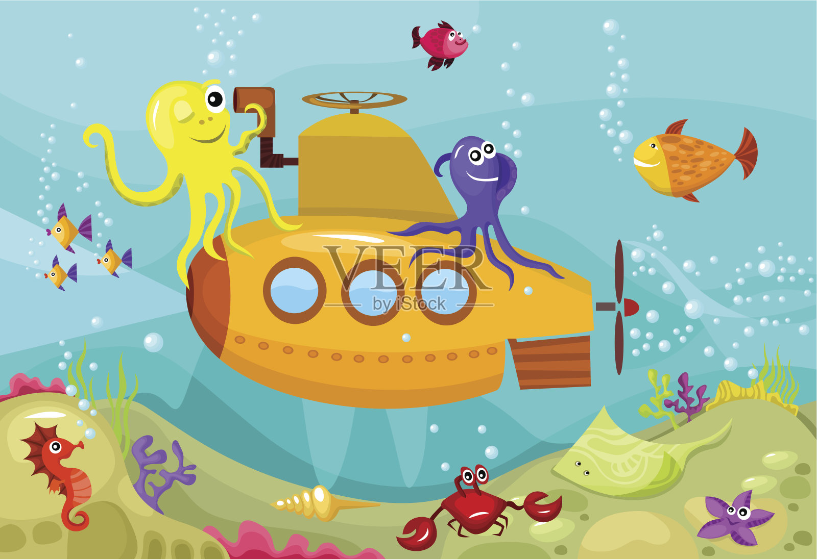 卡通的黄色潜水艇在海洋与鱼和章鱼设计元素图片