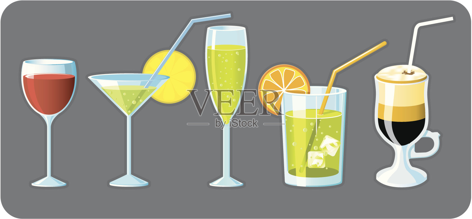 一套五种不同的杯子与饮料插画图片素材