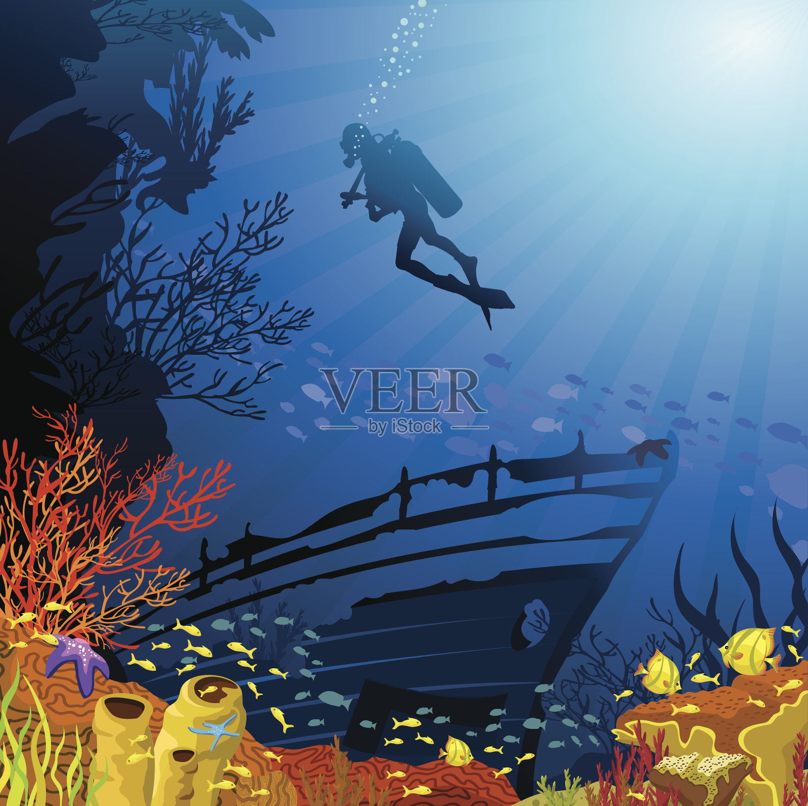 有鱼和潜水员的彩色珊瑚礁插画图片素材