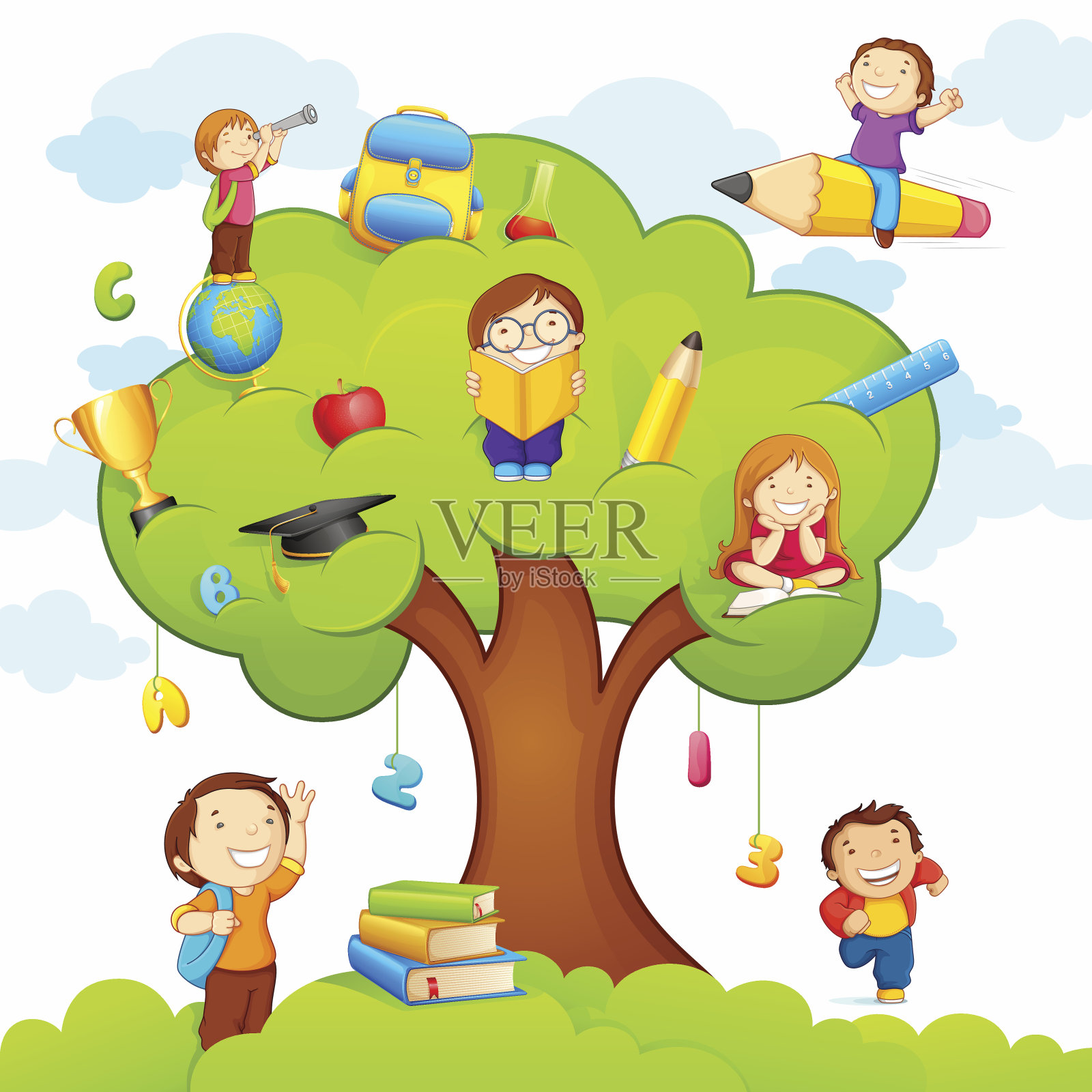 向量的孩子，树和教育符号插画图片素材