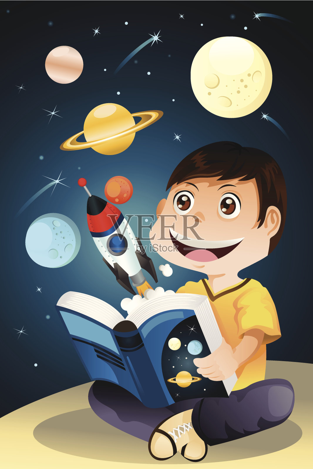 男孩在读天文学书插画图片素材